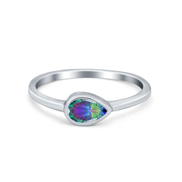 Pear Solitaire Wedding Ring Bezel Simulated Rainbow CZ 925 Sterling Silver